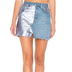 GRLFRND Milla Metallic Leather Panel Denim Miniskirt In Two Face